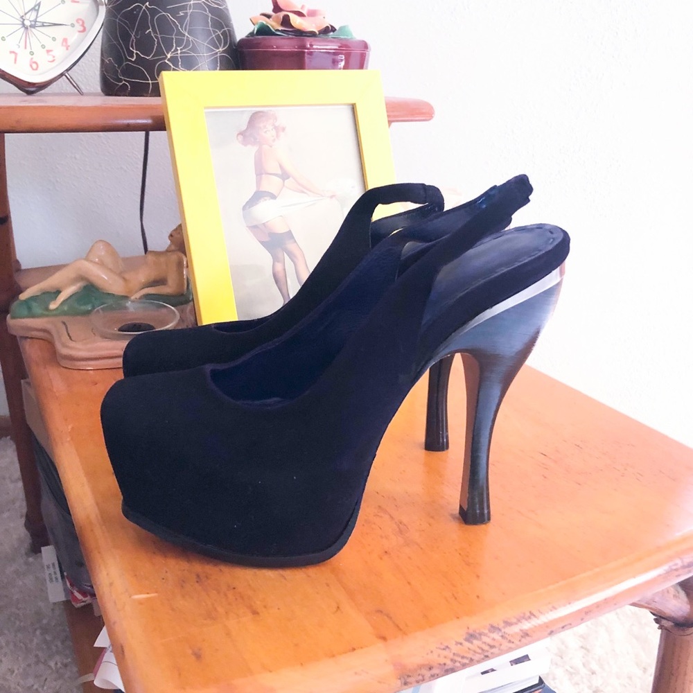 Retro 1940s Style Sling Back Platform Black Alice & Olivia Pump Pinup 38 7.5 8